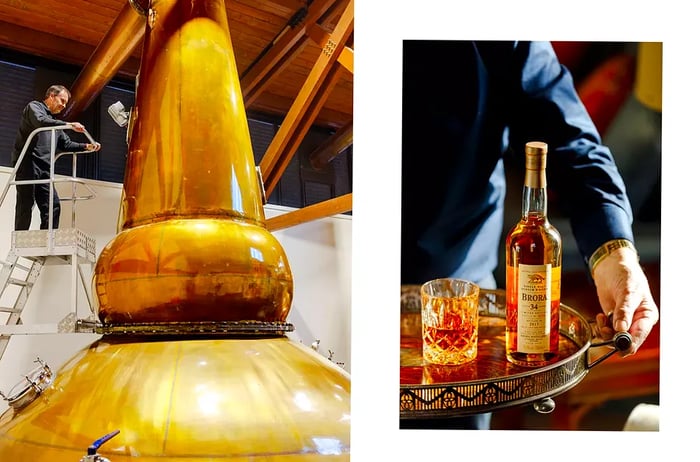 A pair of images from Scotland: one features a distillery still, while the other showcases a glass of whisky alongside a bottle on a serving tray.