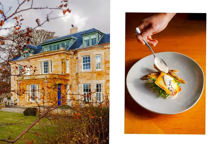 A pair of images from Scotland: one depicts the stone façade of a hotel, while the other shows a fish dish being elegantly plated.