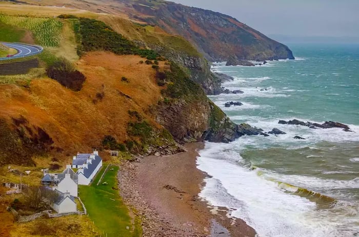 Aerial view of Scotland's rugged coastline and beach