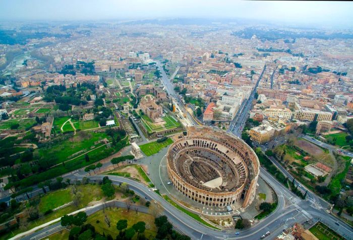 The stunning city of Rome, with its avenues that lead directly to the Colosseum.