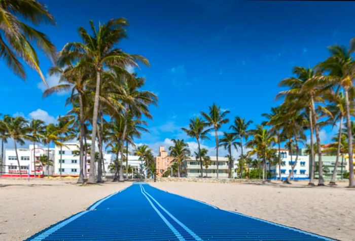 A blue pathway designed to assist individuals with physical disabilities traversing the beach sand.