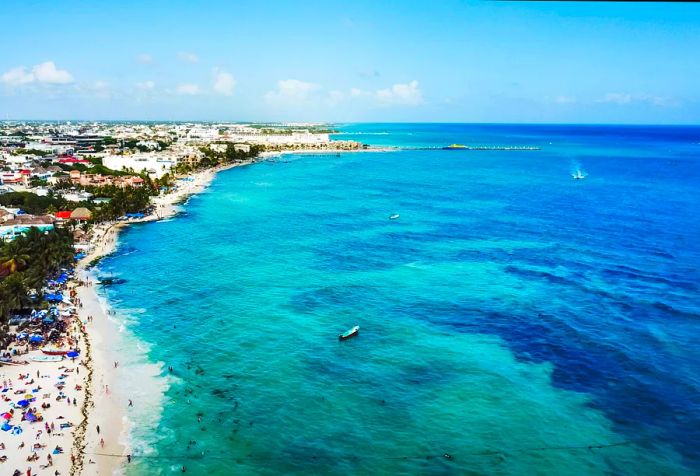 Aerial view of the renowned Playa del Carmen public beach in Quintana Roo, Mexico.