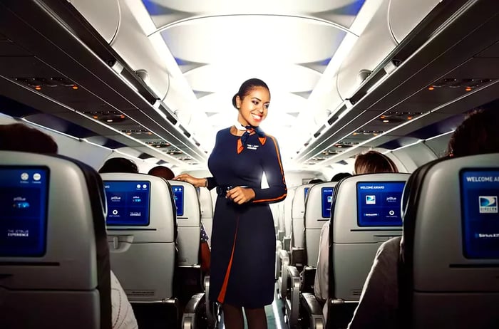 A cabin crew member aboard a JetBlue flight