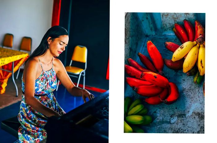 A pair of images from Rapa Nui: one featuring pianist Mahani Teave and the other showcasing vibrant red, yellow, and green bananas.