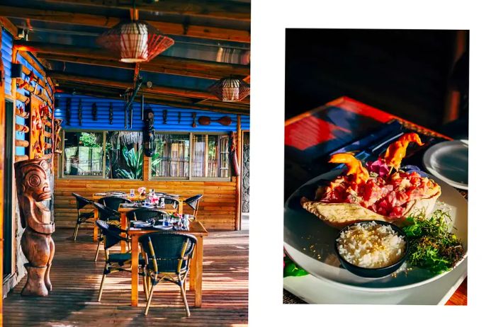 A pair of images from Te Moana restaurant in Rapa Nui, one showcasing the dining area, and the other displaying a beautifully plated ceviche dish.