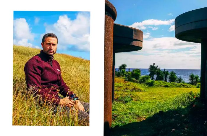 A pair of images from Rapa Nui, featuring a local guide and showcasing hotel architecture.