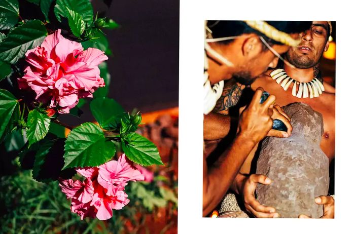 A pair of images from Rapa Nui: one featuring pink flowers and the other showcasing performers reenacting a moai carving.