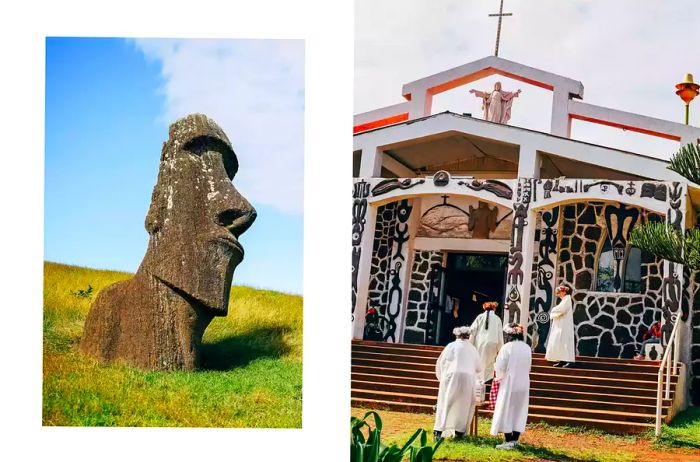 A pair of images from Rapa Nui: one featuring a carved head and the other depicting a church.