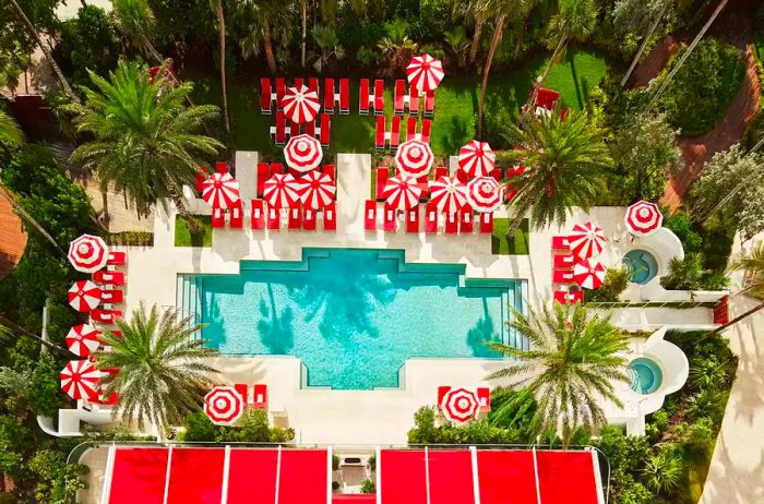 Aerial perspective of the pool at Faena Hotel Miami Beach