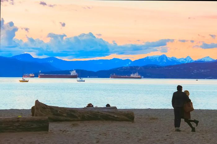 A couple shares a tender moment while watching cargo ships at Vancouver's Kitsilano Beach over Burrard Inlet