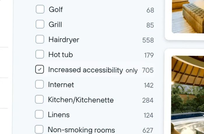 Step two in finding a hotel room with a roll-in shower: apply the filter 