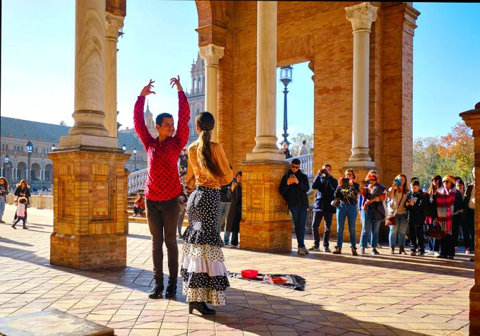 Visitors enjoy a captivating live flamenco performance at Plaza de España