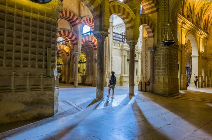 A man in long shorts and a T-shirt admires the architecture of a mosque.