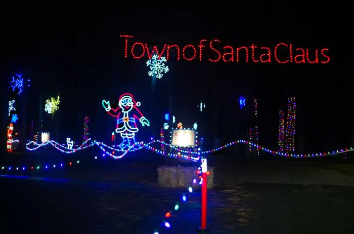 Nighttime view of the light display in the Town of Santa Claus