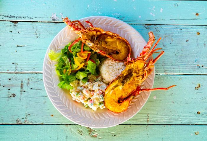 A delicious spread featuring lobster, two types of salad, and fluffy white rice.