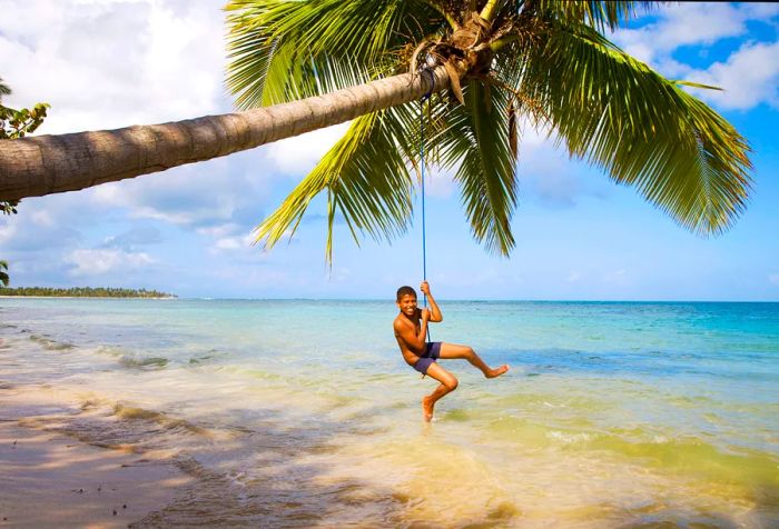 A boy hanging playfully over a palm tree by a Caribbean beach, smiling at the camera