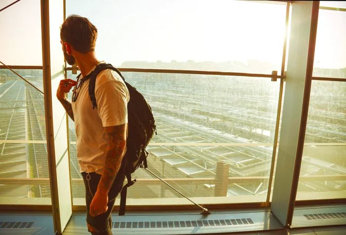 A tattooed traveler with a backpack gazes out through the expansive glass windows of an airport terminal.