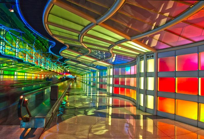 A colorful passenger tunnel featuring vibrant walls and undulating, bright ceilings.