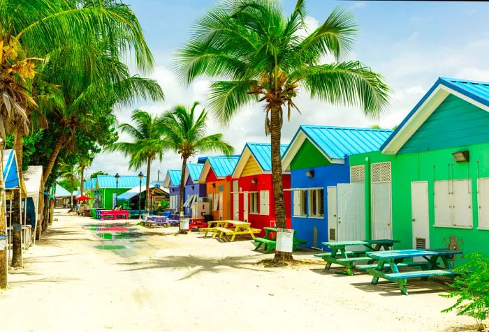 Colorful houses elegantly line the soft white sands, complemented by gently swaying palm trees throughout the landscape.