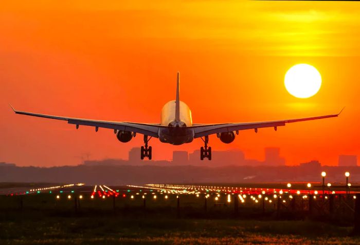 A passenger aircraft elegantly descends onto a beautifully illuminated runway at sunrise.