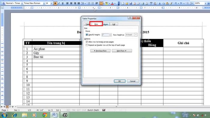 Hướng dẫn lặp lại tiêu đề trong Word 2003 - Bước 3