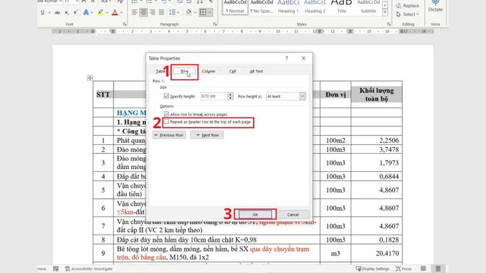 Hướng dẫn lặp lại và hủy lặp tiêu đề trong Word - Bước 3