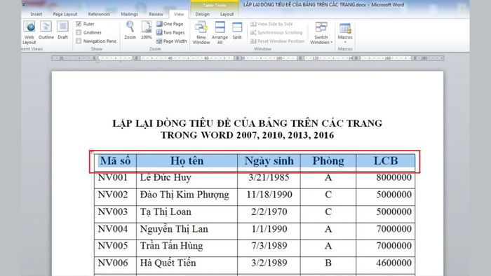 Hướng dẫn lặp lại và hủy lặp tiêu đề trong Word - Bước 1