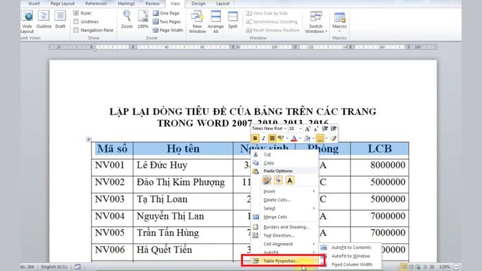 Hướng dẫn lặp lại tiêu đề trong Word 2019, 2016, 2013 - Bước 2