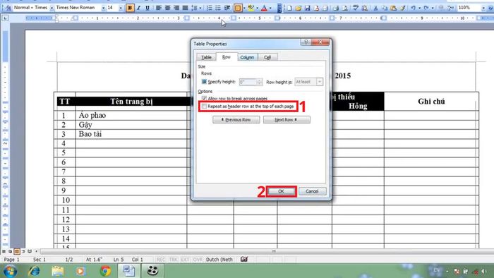 Hướng dẫn lặp lại tiêu đề trong Word 2003 - Bước 4