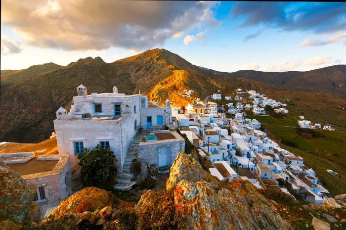 A view of Chora village on Serifos island in Greece at sunset