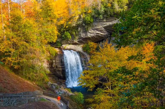 Looking Glass Waterfall in Pisgah National Forest, Brevard, North Carolina, showcasing vibrant fall colors along the Blue Ridge Parkway