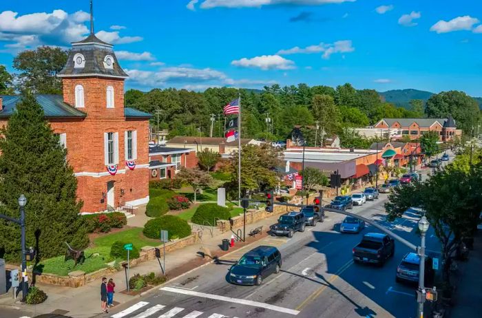 Aerial view of a street in downtown Brevard, NC