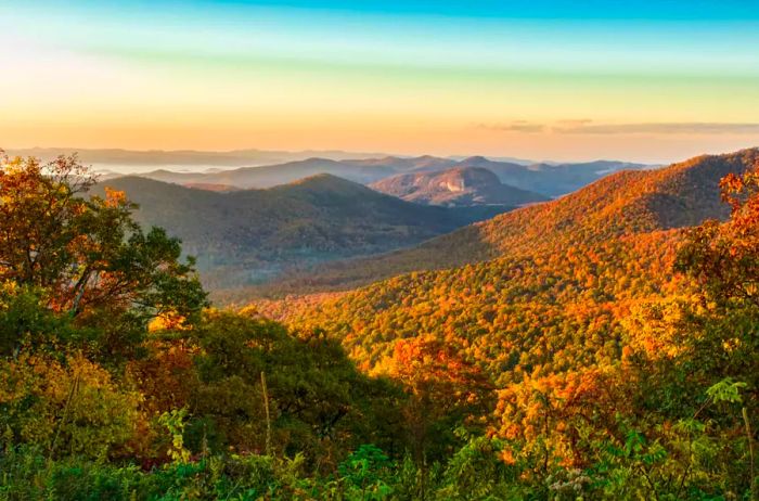 The stunning mountains of Brevard, North Carolina, near Asheville, showcase vibrant fall colors along the Blue Ridge Highway at sunrise, highlighting the hills and ridges.