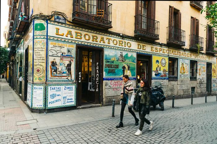 A street scene in the Malasaña district of Madrid, Spain