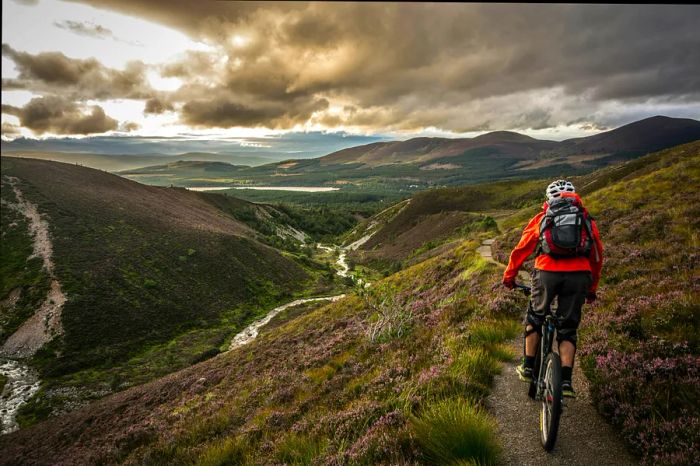 A young person rides a mountain bike along a scenic trail in stunning hilly terrain