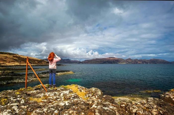 A young child gazes toward the water, searching for wildlife in Scotland.