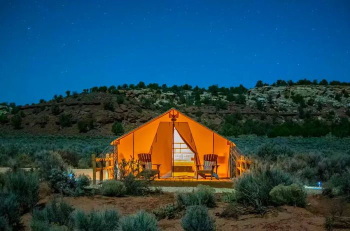 The exterior of a tent at BaseCamp 37° in Kanab, Utah