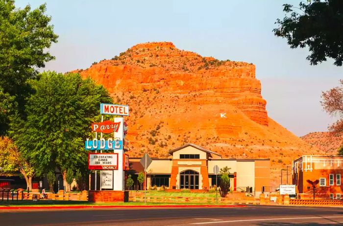 Main street situated beneath K Mountain in Kanab, Utah