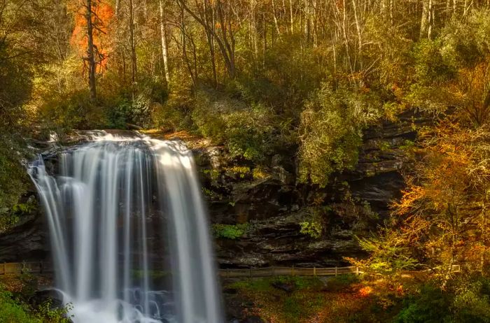 Autumnal panorama of Dry Creek Falls in Highlands, North Carolina, along US Highway 64