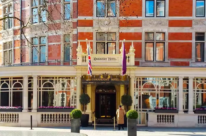 A view of the exterior and entrance of The Connaught Hotel in London