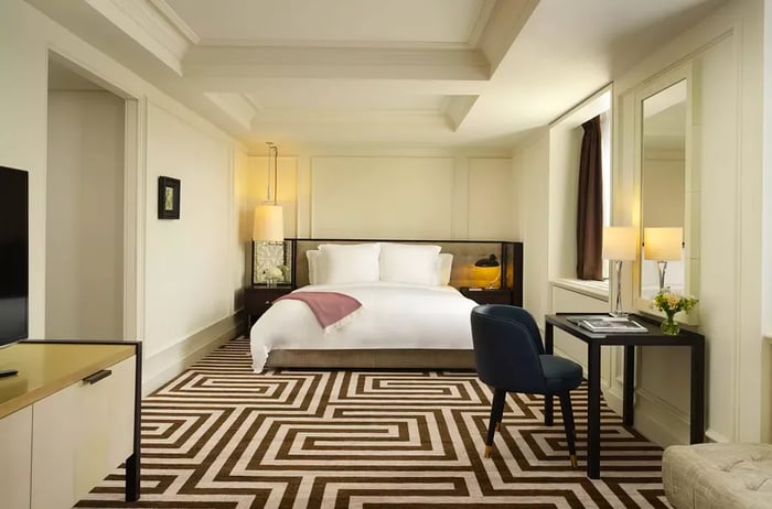 A stylish black and white guest room in London