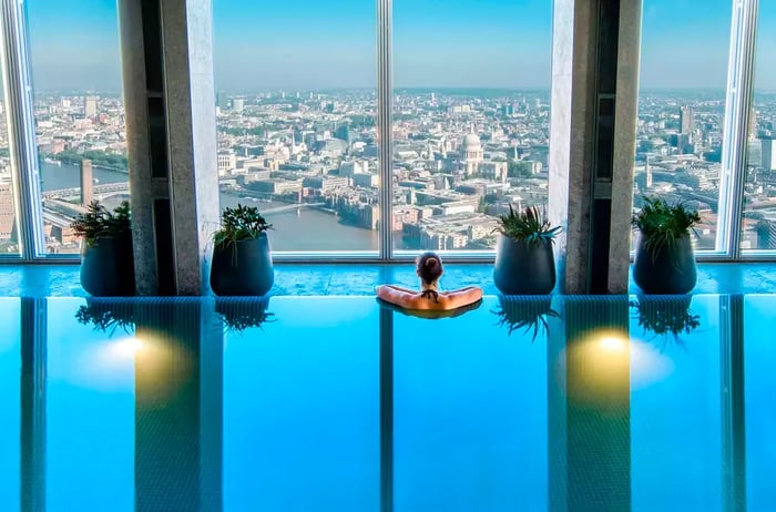 View of London from the infinity pool at Shangri-La at The Shard hotel