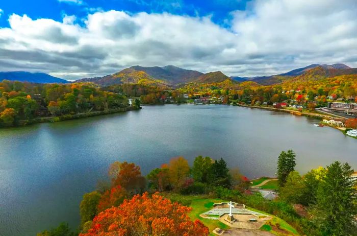 Aerial view of Lake Junaluska near Waynesville, North Carolina.