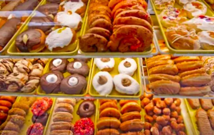 Bakery display featuring donuts and pastries in McCook, Nebraska