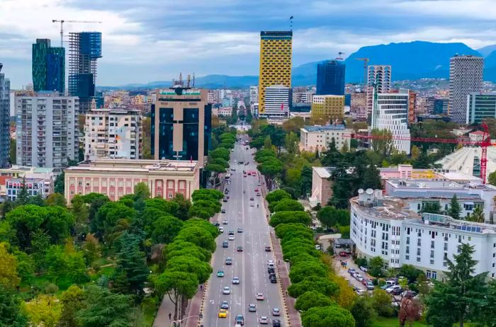 Aerial view of Tirana in the autumn season.