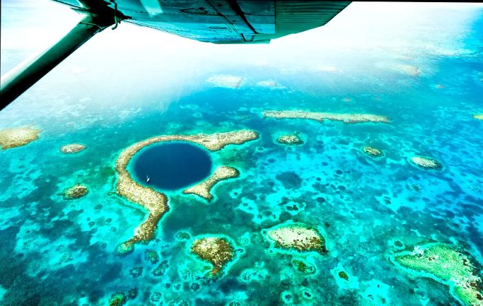 Aerial panoramic view of the Great Blue Hole in Belize