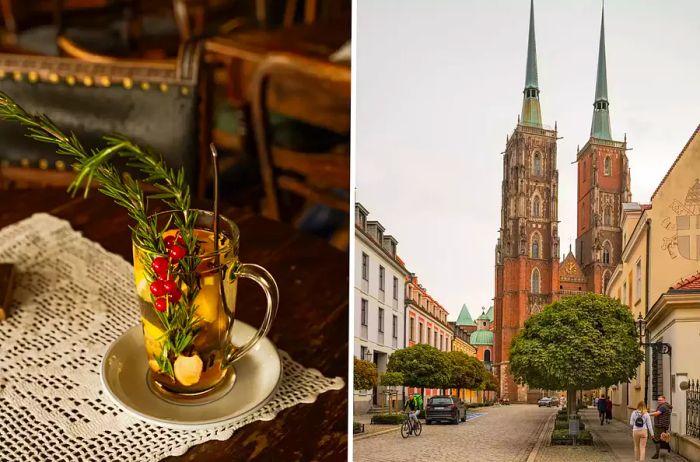 A pair of photos from Wroclaw: one featuring a hot drink adorned with garnishes, and another showcasing a cathedral.