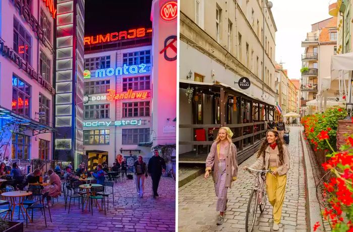 A pair of images from Poland, one featuring vibrant neon signs and another showing two women strolling down a street.