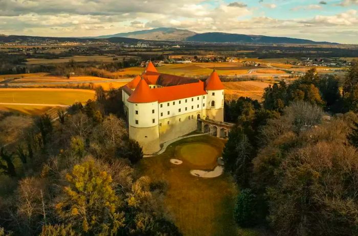 Bird's-eye view of Mokrica Castle in Slovenia on a late autumn day