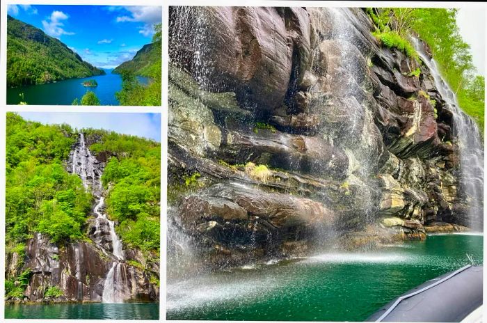 Close-up photos of Norway's Salmon River and the waterfalls of Hardangerfjord